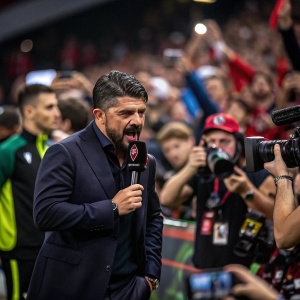 Gennaro Gattuso, in a dark suit, gives an intense interview. Crowd of fans and reporters in the background, flashing cameras
