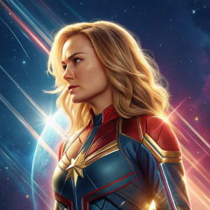 Digital artwork featuring Carol Danvers, aka Captain Marvel, with long blonde hair. Intense gaze and bold stance. Cosmic-themed backdrop with vibrant light effects.