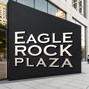 Modern logo design featuring Eagle Rock Plaza. Bold sans-serif font on a sleek black backdrop.