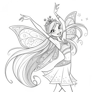 Line drawing of Flora Winx in vibrant pose. Monochromatic style. Detailed outline