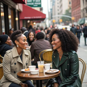 Jada Pinkett Smith and Angela Bassett at a bustling sidewalk cafe. The two are sharing a laugh amidst a crowd of people.