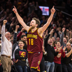 Matthew Dellavedova, wearing Cleveland Cavaliers jersey number 18, celebrates after making a game-winning shot. Crowd in the arena, including fans and teammates, enthusiastically raise their arms in support.