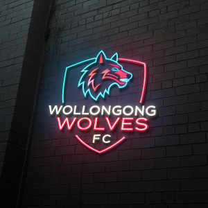Digital rendering of Wollongong Wolves FC logo. Neon colors on dark background