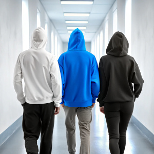 3 personas con de cuerpo entero una detrás de otra   caminando de espaldas por un pasillo luciendo un hoddie de color negro blanco azul  