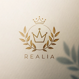logo "realia","GIN" minimal, with a crown and leafs