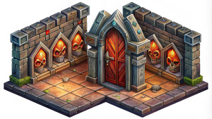 horror dark door in 2d game in isometric view in multiply poses, 100% white background