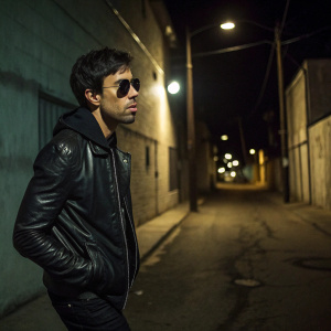 Enrique Iglesias in a black leather jacket and dark sunglasses. Standing in a deserted alley at night, looking intense.