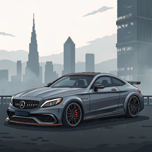 A futuristic Mercedes C63 AMG coupe, gray and sleek. Pixel art style, sharp lines. Urban backdrop with misty atmosphere.