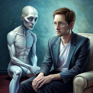 Edward Snowden Sitting next to a white skiny allien