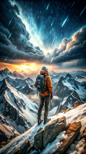 el alpimista de espaldas observando todas las montañas que tubo que escalar para llegar a la cima, lluvia y nieve