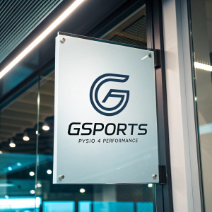 GSports logo design featuring modern font and sleek G. Text reads GSports PYSIO 4 PERFORMANCE. Displayed on glass surface with ambient lighting, creating a blurred background effect. Contemporary and professional design, minimalistic aesthetic.