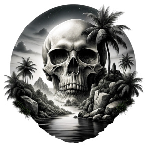 skull island tattoo design - perfect realistic art - high-definition - grey and black - white background 