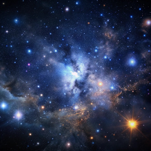  dark cosmic sky strewn with many sparkling stars and galaxies.