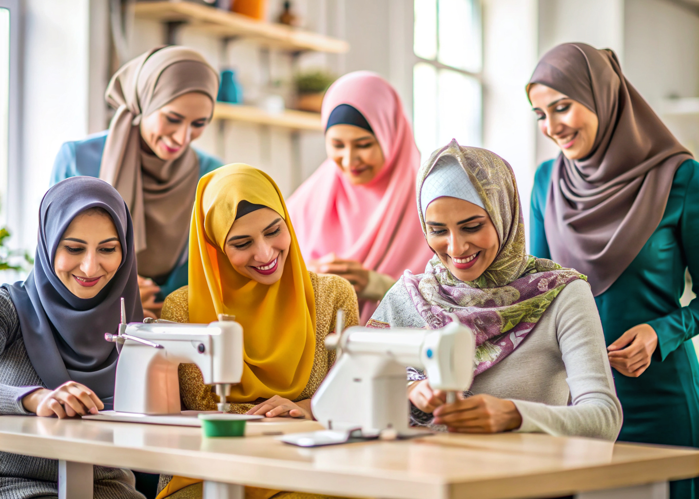 group of people of young and middle ages, women, some of them but not all are in a hijab, having fun sewing in a bright, modern workshop. Detailed and realistic image