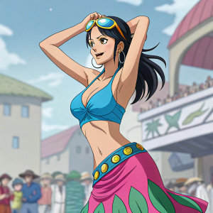 Nico Robin, in a dynamic pose, wears a bright blue top with a matching skirt featuring vibrant pink and green hues. The background is a bustling scene from her anime world, showcasing her confident expression and colorful style.