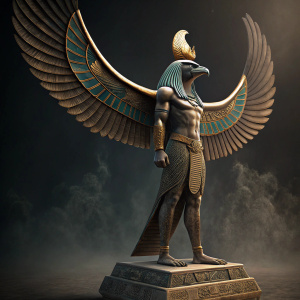 Ancient Egyptian deity Horus statue. Muscular body, wide wings, headdress. Dark, atmospheric background