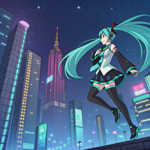 Digital illustration of Hatsune Miku, vibrant and anime-inspired character, floating in a futuristic cityscape.