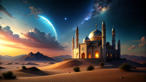 mosque on desert with a view of beautiful the sky at night