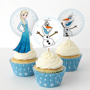 Digital illustration of Frozen-themed cupcake toppers. Elsa and Olaf characters. Free printable design.