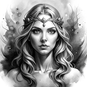 Saga, The Seer - Nordic Goddess of Sagas & Myths perfect realistic art, high-definition grey and black, white background tattoo design