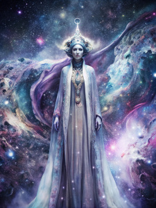 Amidst a galaxy of dark, swirling stardust, a gothic glamorous nebula drifter takes center stage. In a stunning photograph, this ethereal being is depicted in pastel tones, standing out against the cosmic backdrop. Their flowing robes are a soft blend of lilac and pearl, shimmering under a dimly lit sky. Glints of silver adorn their hair, catching the light in a mesmerizing display of elegance. The image's high quality captures every intricate detail, from the intricate patterns on the robes to 