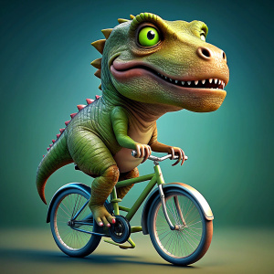 A Tyrannosaurus rex rides a bike