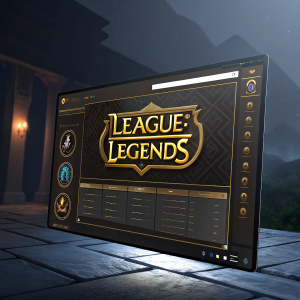 A game screenshot featuring the League of Legends main menu. Dark background with gold accents, menu tabs, and the iconic logo.