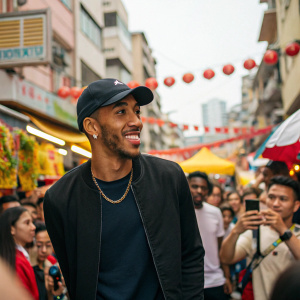Pierre-Emerick Aubameyang, in casual attire, at a bustling street festival. Amidst a crowd of enthusiastic fans and vendors.