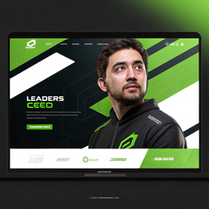 Website redesign for Optic Gaming, highlighting esports leaders. CEO Hector Rodriguez featured in a sleek, modern profile shot. Background showcases vibrant green and white elements against a dark canvas.