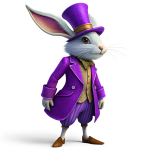 full-length wonderland rabbit in purple suit and hat on white background





