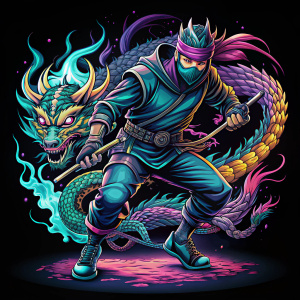 colorful anime style illustration of techwear, cyborg intimidating angry Dragon ninja, charging forward ready to fight, all limbs appear in frame, japanese vibe, grafitti smoke art at the back, detailed design for streetwear and urban style t-shirt design, black background, pro vector, retro art
