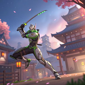 Overwatch character Genji in a dynamic action pose. Brightly lit, colorful game environment.