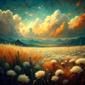 Vintage Old, Soft Colors, Oil Painting shade Brown, Field Wheat, Landscape Small White Wild Flowers, Mountains, Sky and Clouds