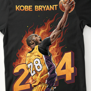Kobe Bryant memorial t-shirt featuring his iconic slam dunk pose. Flaming, dynamic design with career highlights and tribute text.