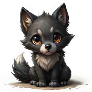 cría de lobo de color negro, muy triste, estilo chibi, ojos muy grandes y tristes,

