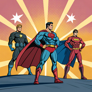 Mighty warriors with chiseled physiques standing in a vibrant, comic-book styled landscape. Each warrior in a unique stance, emanating raw power. Against a backdrop of vivid colors and bold outlines, their forms are accentuated, telling a story of epic battles and legendary feats.