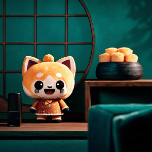 Aggretsuko, an animated character, with a raccoon-like appearance. Cute and funny, set against a vibrant anime backdrop.