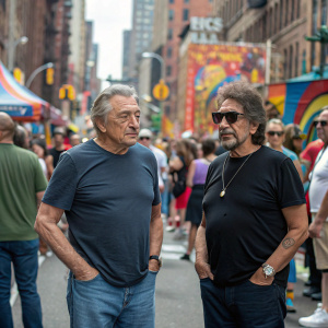 Robert De Niro and Al Pacino at a bustling New York City street festival. Both dressed casually in t-shirts and jeans. They're surrounded by a lively crowd and vibrant street art.