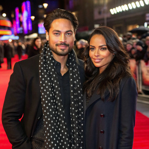 Mario Falcone and Louise Hazel on the red carpet. Mario with a well-groomed beard, dark polka-dot scarf, and dark-toned clothing, Louise with long dark hair. Surrounded by bustling crowd and colorful stage barriers.