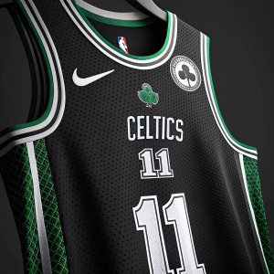 Close-up of Kyrie Irving's Boston Celtics jersey. Number 11 in white on black background with green accents. NBA logo and Celtics emblem visible.
