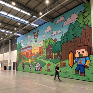 Large-scale indoor mural featuring pixel art characters from Minecraft and similar games. Vibrant colors, dynamic visuals, complex composition.