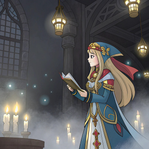 Verica, character from Dragalia Lost, stands in a dimly lit room adorned with floating candles and ethereal mist. She wears a华丽的蓝色、金色和红色调的精致服装，长发上配有图案额头装饰，手持类似法杖的物品。她被温暖的光线环绕，周围悬挂着灯笼。