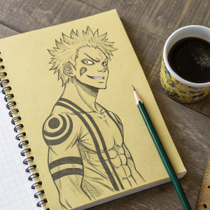 Sketch of Ryomen Sukuna from Jujutsu Kaisen. Character has a muscular build, short, spiky hair, and fierce expression. Drawn on a yellow notepad with a pencil, alongside a cup of coffee