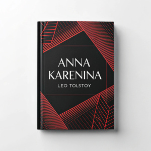 A modern book cover for 'Anna Karenina' by Leo Tolstoy featuring a sleek, contemporary design. The title and author's name are in bold, minimalist fonts. Dominated by a striking black and red color palette, the cover incorporates abstract geometric patterns, adding a dynamic and intriguing visual element.