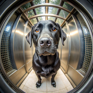 kawaii fat labrador black dog inside a modern elevator. The image is taken from a fisheye perspective, which gives a feeling of width and distortion at the edges, all contained in a circle.