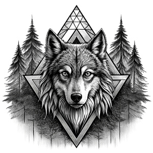 valknut runes pattern geometric symbols - wolf and trees - tattoo design - perfect realistic art - high-definition - grey and black - white background 