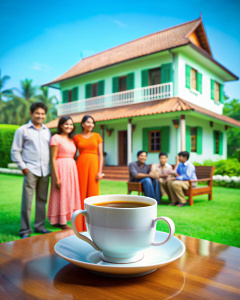 Indian House,  tea cup on the table, Indian middle class Family in backgroud 