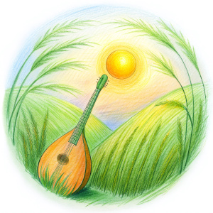 icon style, realystic, grass below and above, old slavic balalaika, bong, sun, digital vst