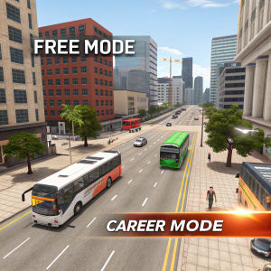 Modern screenshot showcasing a bustling city street in a bus simulator game. Various buses and vehicles navigate through the urban landscape. Buildings line the street. Prominent display of free mode and career mode options with appealing promotional text.