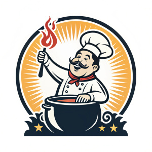 The logo of Carnitas Los Primos, a mystical symbol, showcasing a whimsical chef emerging from an enchanted cauldron, blending ancient folklore with contemporary mysticism.